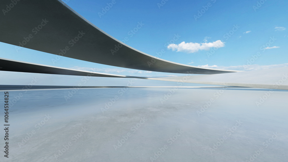Poster 3d render of white futuristic architecture, abstract wavy structure with empty concrete floor