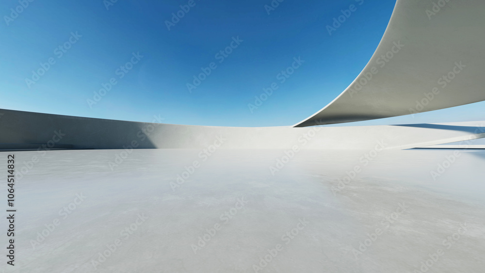Poster 3d render of white futuristic architecture, abstract wavy structure with empty concrete floor