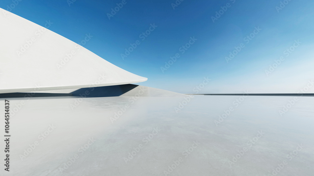 Poster 3d render of white futuristic architecture, abstract wavy structure with empty concrete floor