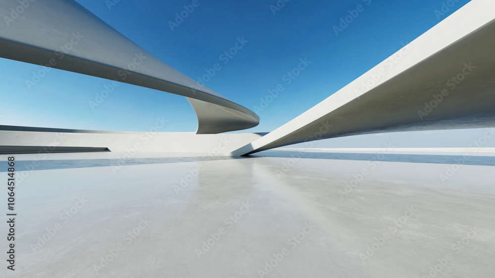 Poster 3d render of white futuristic architecture, abstract wavy structure with empty concrete floor