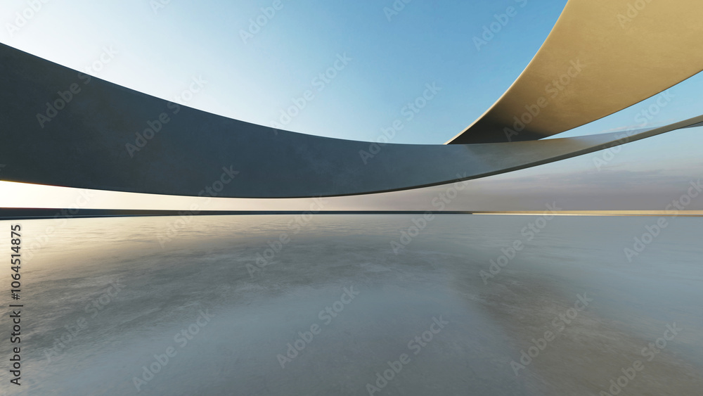 Poster 3d render of white futuristic architecture, abstract wavy structure with empty concrete floor