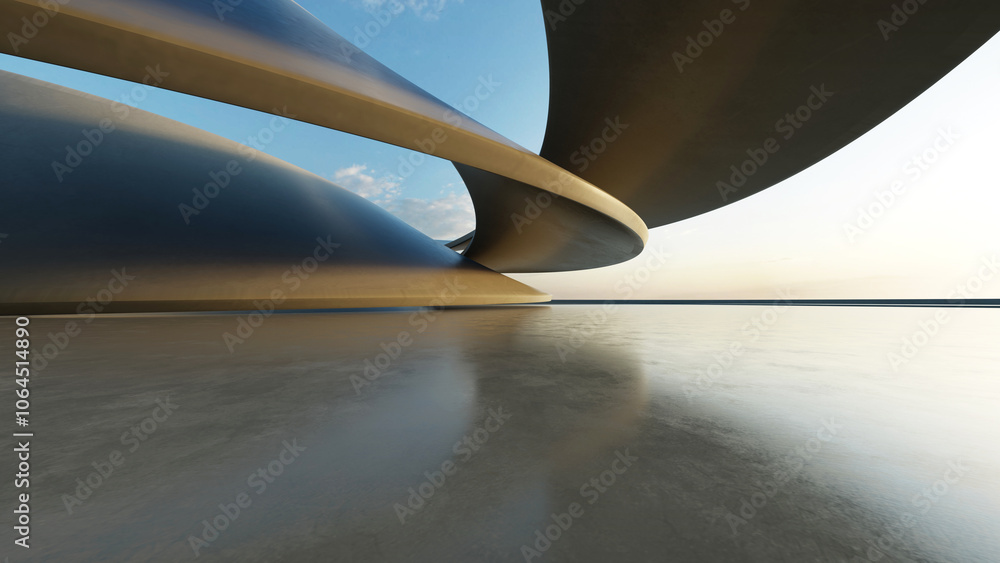 Poster 3d render of white futuristic architecture, abstract wavy structure with empty concrete floor
