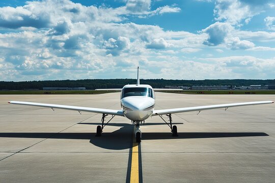 Small private airplane on runway under blue sky