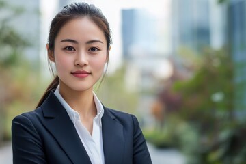 A attractive Asian woman in suit outdoors with a blurry business center in backdrop
