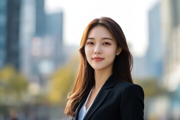 A attractive Asian woman in suit outdoors with a blurry business center in backdrop