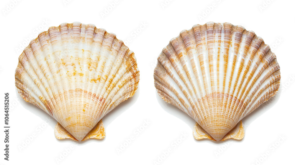 Poster beautiful scallop shells resting side by side on a white surface generative ai