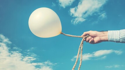 A hand letting go of a rope tied to a floating balloon, symbolizing release,change and freedom. Bright blue sky, pastel colors, surreal style