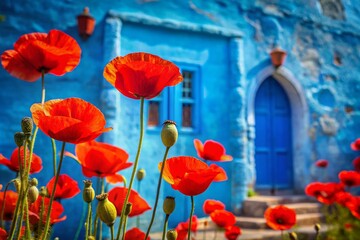Fototapeta premium Red Poppies Watercolor Blue Architectural Photography