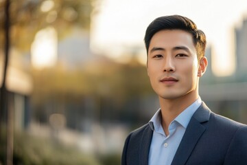A handsome Asian man in suit outdoors with a blurry business center in backdrop