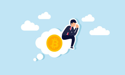 businessman feeling sad, sitting on a cloud of dreams that contains bitcoin, illustration of sadness due to failure in implementing bitcoin investments