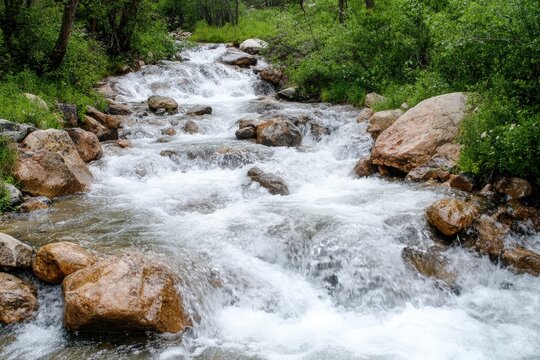 A rushing river cascading over rocks in a lush green forest
