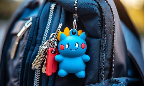 A blue cartoonish keychain figure attached to a backpack zipper.