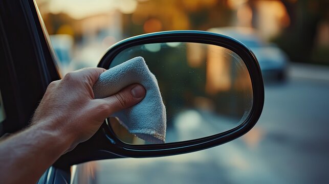 Closeup of a hand cleaning a car side mirror with a microfiber cloth.