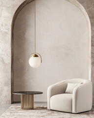 Minimalist, loft interior design of modern living room. Accent lounge chair against stucco wall and concrete column.