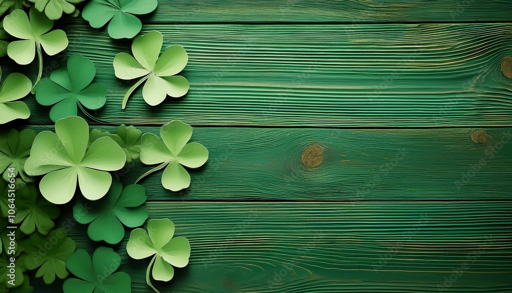 Wall mural St Patricks Day side border of paper shamrocks over a green wood background, Saint Patrick's Day, St patrick.