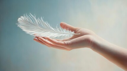 A hand releasing a feather into the wind, representing freedom and destiny. Soft pastel colors.