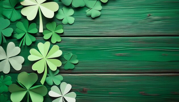 St Patricks Day side border of paper shamrocks over a green wood background, Saint Patrick's Day, St patrick. - Powered by Adobe