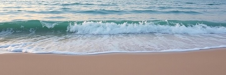 Fototapeta premium A soft blue ocean wave breaks on the shore of a tranquil fine sandy beach at sunset, creating a beautiful and serene scene, serene landscape, peaceful atmosphere