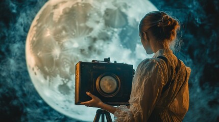 A woman in vintage clothing holds a large format camera while gazing at a giant moon.