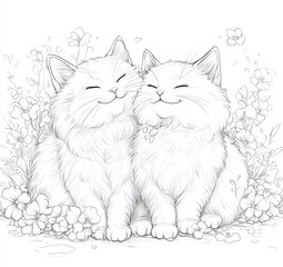 Cute line art drawing of two cats sitting close together, smiling and looking at each other with love on white