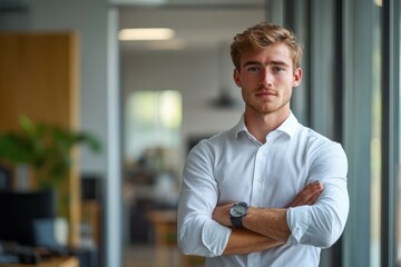 Portrait of young businessman standing in his office with arms crossed