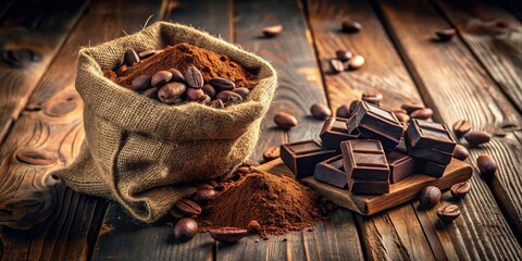 Candid Craft Bag with Black Chocolate and Cocoa Powder Spread on Rustic Table for Culinary Inspiration and Baking Creativity