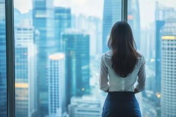 Fototapeta premium Professional business woman looking through window of her office skyscraper looking