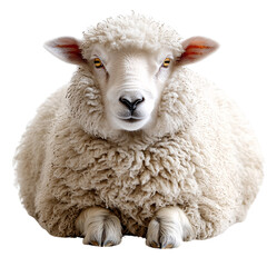A sheep lying down, with its face framed by thick wool, creating a peaceful, cozy scene, set against a transparent background