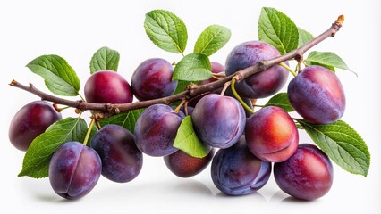 Fototapeta premium Silhouette Plum Branch, Ripe Fruit, White Background, Isolated, Minimalist