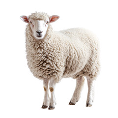 Fototapeta premium A white sheep shown from the side, displaying its dense, curly wool coat, conveying calmness and warmth, set against a transparent background