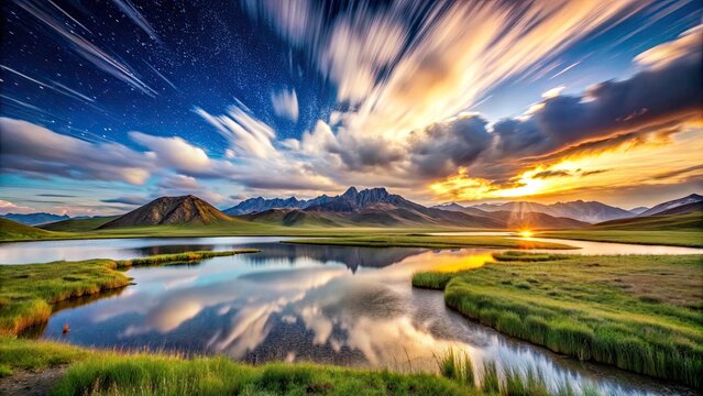 Captivating Long Exposure Scenery of Bashang: Serene Grasslands, Majestic Mountains, Tranquil Lakes, and Starry Night Skies for Landscape Photography Enthusiasts
