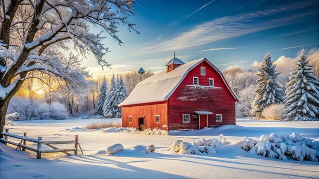 Snowy Red Barn Winter Scene
