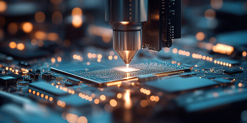 Close up of lithography machine and chip circuit board