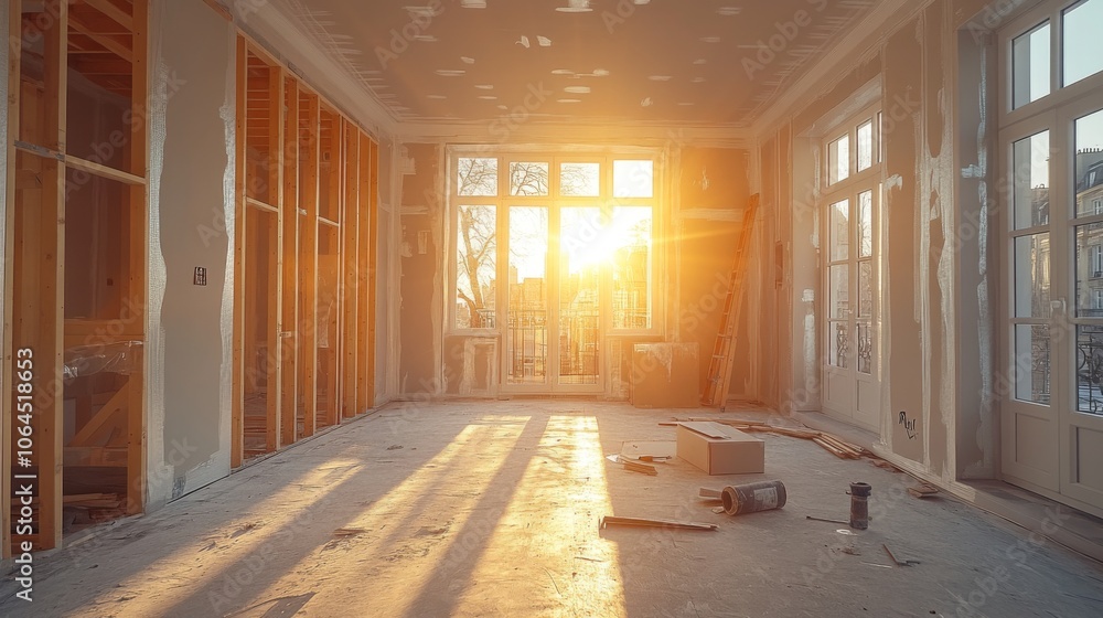 Aufkleber the warm glow of sunrise streams through large windows, highlighting the unfinished wooden framing a