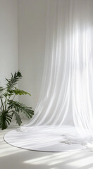 White circular stage, white gauze curtain hanging on the wall, plant next to it, simple background, white space, large aperture, natural light, soft tones, calm and elegant atmosphere