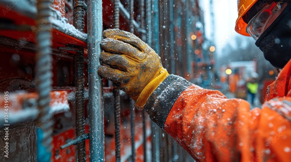 Poster a construction worker wearing a bright orange jacket and gloves is carefully assembling scaffolding 