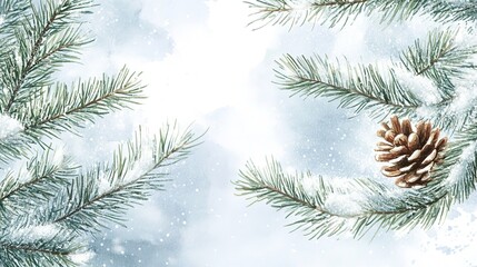 Obraz premium A beautiful snowy winter scene in watercolor, showcasing a delicate pine branch adorned with snowflakes. The pine needles are painted in soft green tones, dusted with a gentle layer of white snow,