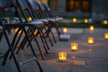a series of empty chairs and lit candles at a memorial site