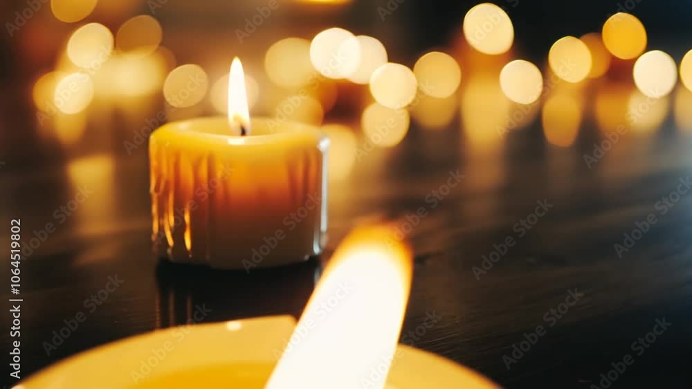 Aufkleber close-up of a lit candle with blurred bokeh lights in the background. animation looping video backgr