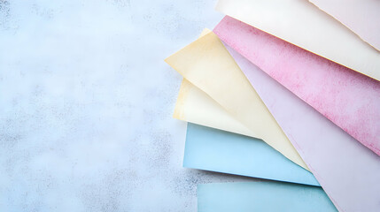Pastel colored papers arranged in a fan shape with copy space.