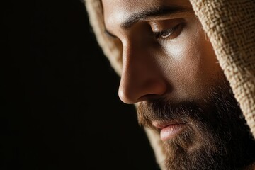 Obraz premium Close-up of a thoughtful man with a beard and head covering, dark background.