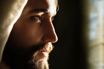Profile of a man with a beard, soft light illuminating his facial features.