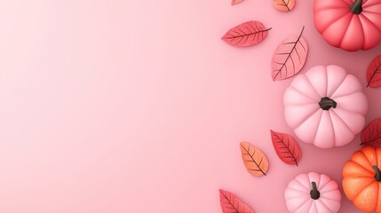 Obraz premium A charming arrangement of pink pumpkins and autumn leaves on a soft pink background, creating a cozy fall atmosphere.