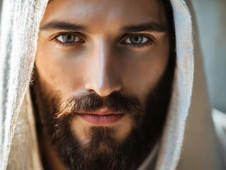 Close-up portrait of a bearded man with captivating eyes and a hooded garment.