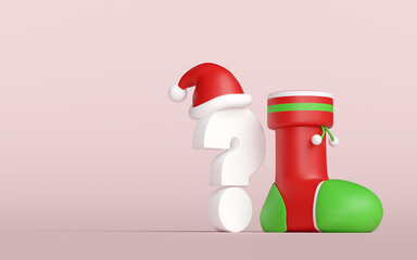 3d white question mark symbol icon with socks, santa claus hat isolated on pink background. FAQ or frequently asked questions, merry christmas and happy new year, 3d render illustration