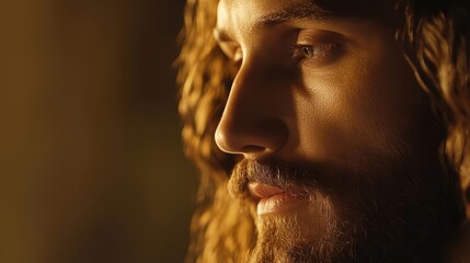 Close-up of a thoughtful man with curly hair and a beard, warm lighting tones.