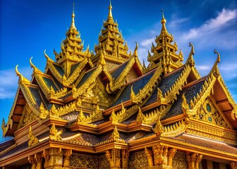Fototapeta premium Thai temple roof, detailed close-up, golden panoramic view.