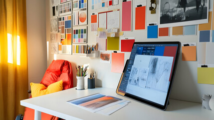 A laptop computer with a design on the screen sits on a desk in a home office with inspiration boards on the wall.