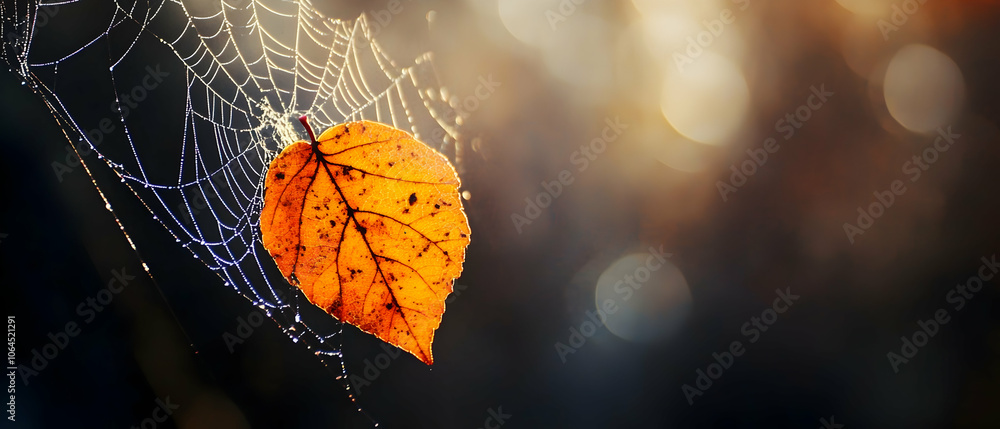 Poster a single, orange leaf caught in a spider web with a bokeh background.