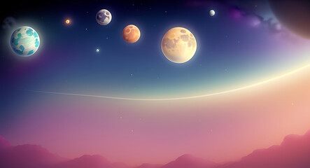 Celestial-Themed Background with Stylized Stars, Moons, and Planets in a Dreamy Pastel Palette
